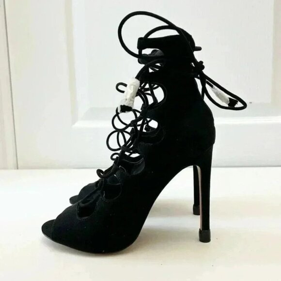 Aldo Sergioa Lace Up Stiletto Heels Peep Toe Black Micro Suede Size 7.5 - Picture 6 of 16